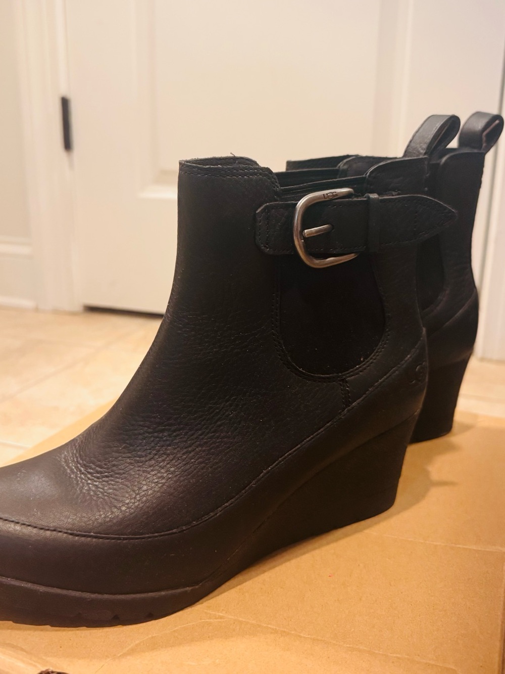 UGG Black Leather Wedge Ankle Booties with Buckle